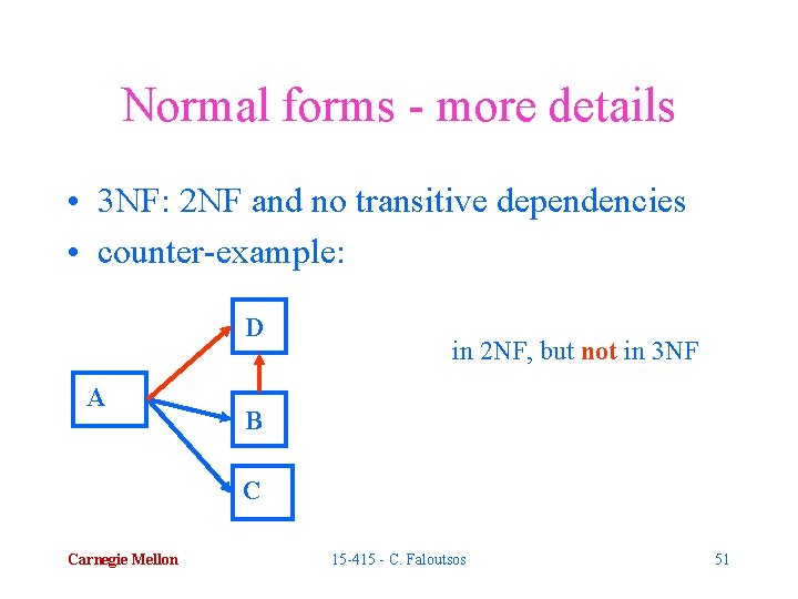 Normal forms - more details • 3 NF: 2 NF and no transitive dependencies