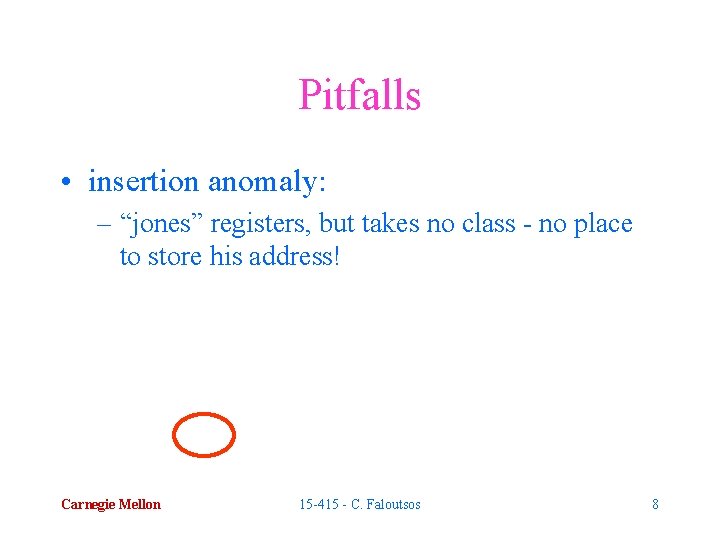 Pitfalls • insertion anomaly: – “jones” registers, but takes no class - no place