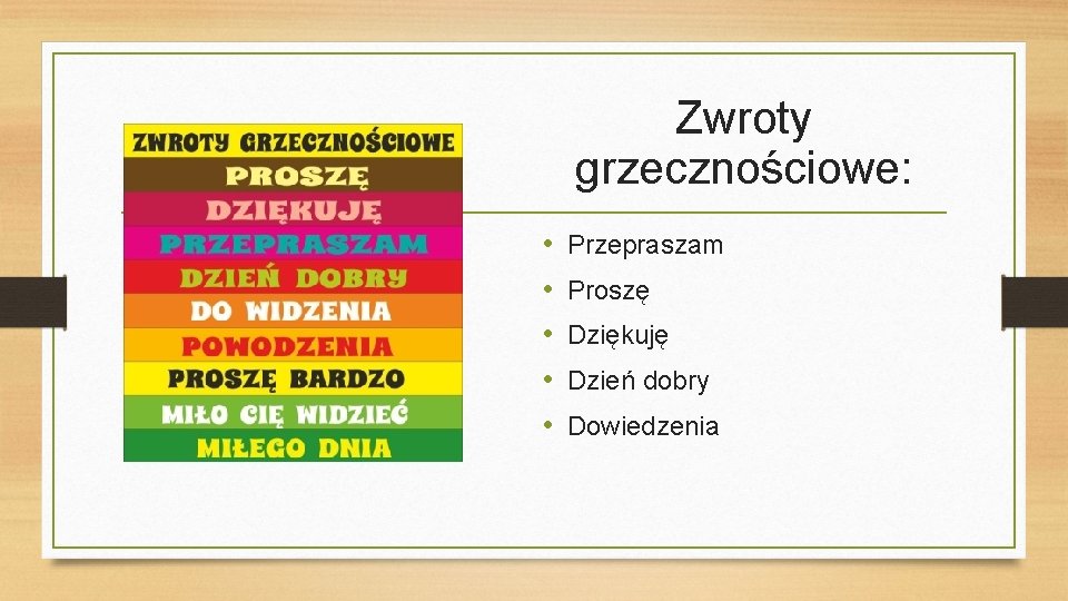 Zwroty grzecznościowe: • • • Przepraszam Proszę Dziękuję Dzień dobry Dowiedzenia 