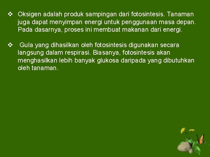 v Oksigen adalah produk sampingan dari fotosintesis. Tanaman juga dapat menyimpan energi untuk penggunaan