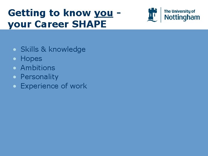 Getting to know your Career SHAPE • • • Skills & knowledge Hopes Ambitions