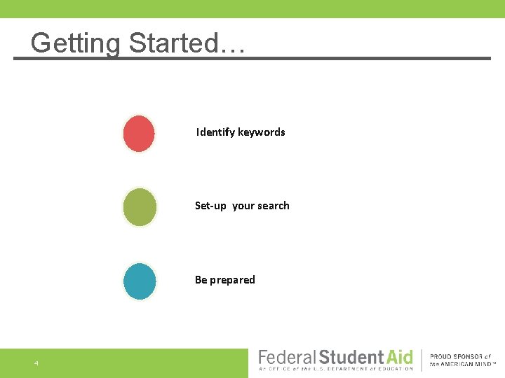 Getting Started… Identify keywords Set-up your search Be prepared 4 