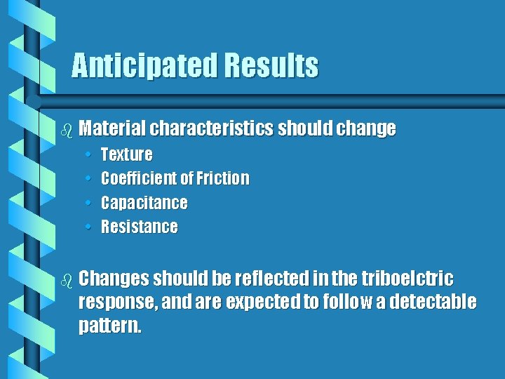 Anticipated Results b Material characteristics should change • • Texture Coefficient of Friction Capacitance