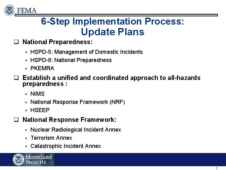 6 -Step Implementation Process: Update Plans q National Preparedness: § § § HSPD-5: Management 6 -Step Implementation Process: Update Plans q National Preparedness: § § § HSPD-5: Management