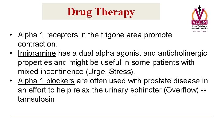 Drug Therapy • Alpha 1 receptors in the trigone area promote contraction. • Imipramine