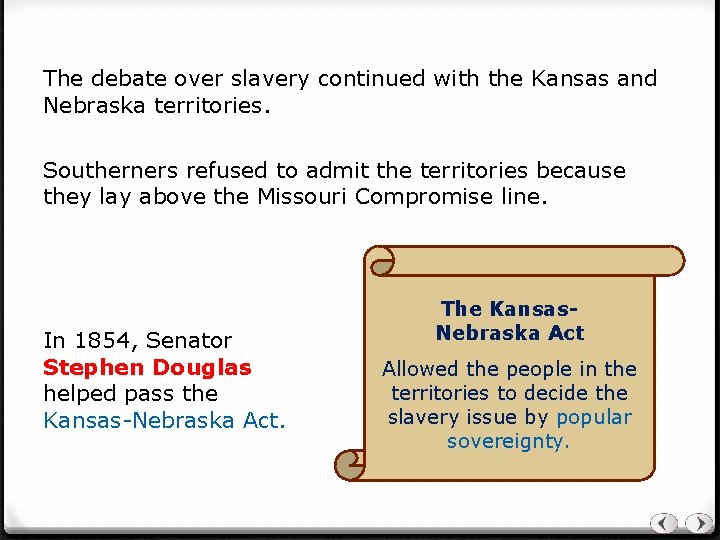 The debate over slavery continued with the Kansas and Nebraska territories. Southerners refused to