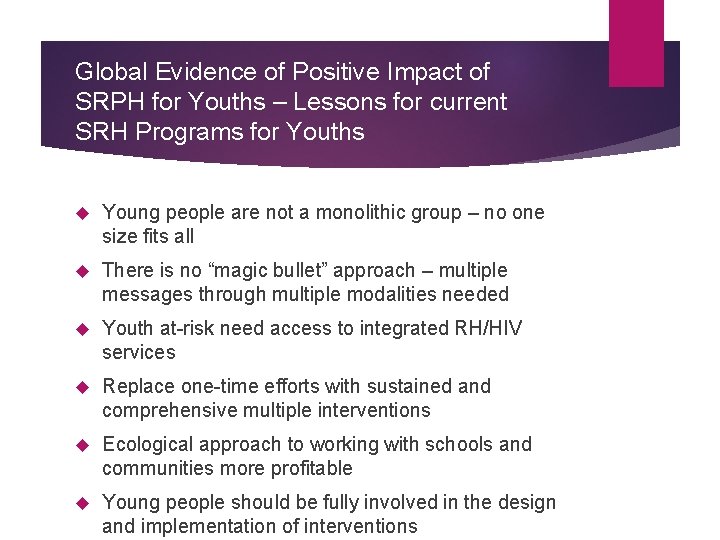 Global Evidence of Positive Impact of SRPH for Youths – Lessons for current SRH