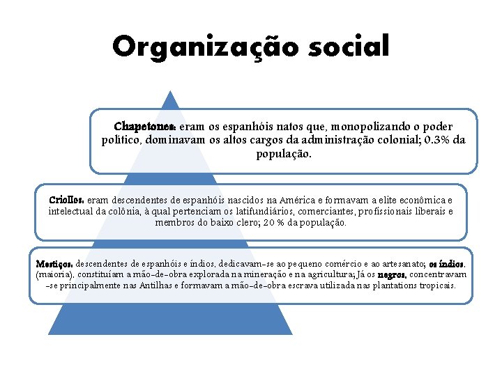 Organização social Chapetones: eram os espanhóis natos que, monopolizando o poder político, dominavam os