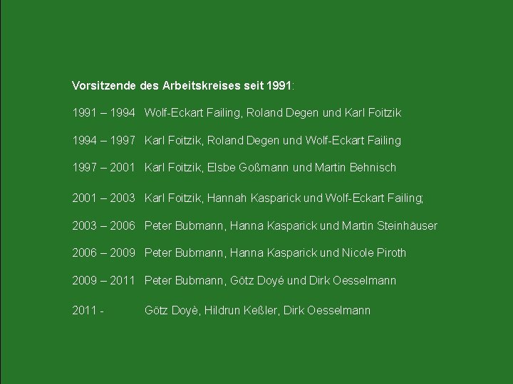 Vorsitzende des Arbeitskreises seit 1991: 1991 – 1994 Wolf-Eckart Failing, Roland Degen und Karl