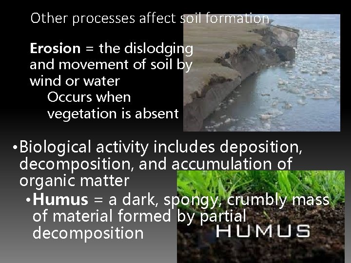 Other processes affect soil formation Erosion = the dislodging and movement of soil by