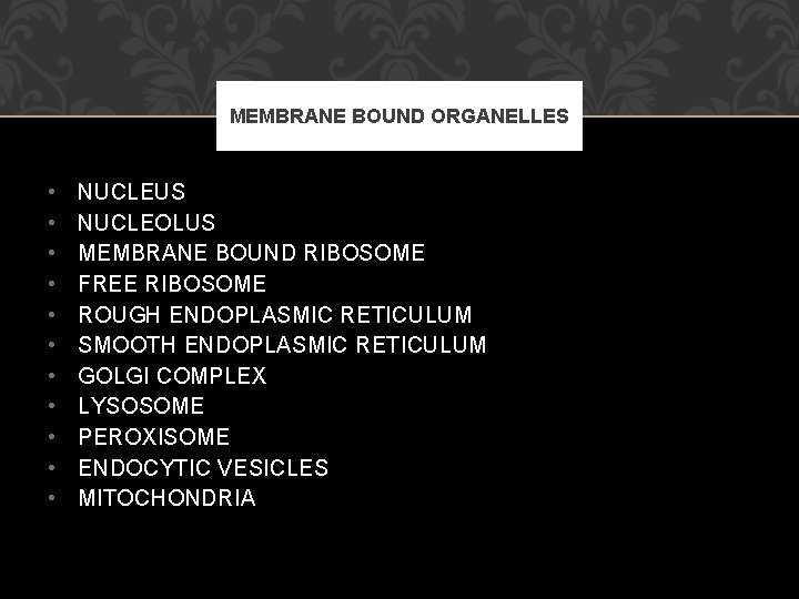 MEMBRANE BOUND ORGANELLES • • • NUCLEUS NUCLEOLUS MEMBRANE BOUND RIBOSOME FREE RIBOSOME ROUGH