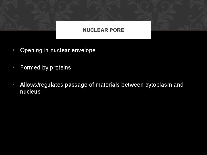 NUCLEAR PORE • Opening in nuclear envelope • Formed by proteins • Allows/regulates passage