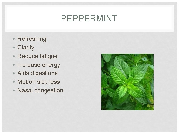 PEPPERMINT • • Refreshing Clarity Reduce fatigue Increase energy Aids digestions Motion sickness Nasal