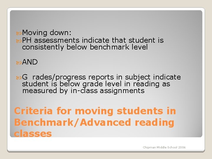  Moving down: PH assessments indicate that student is consistently below benchmark level AND