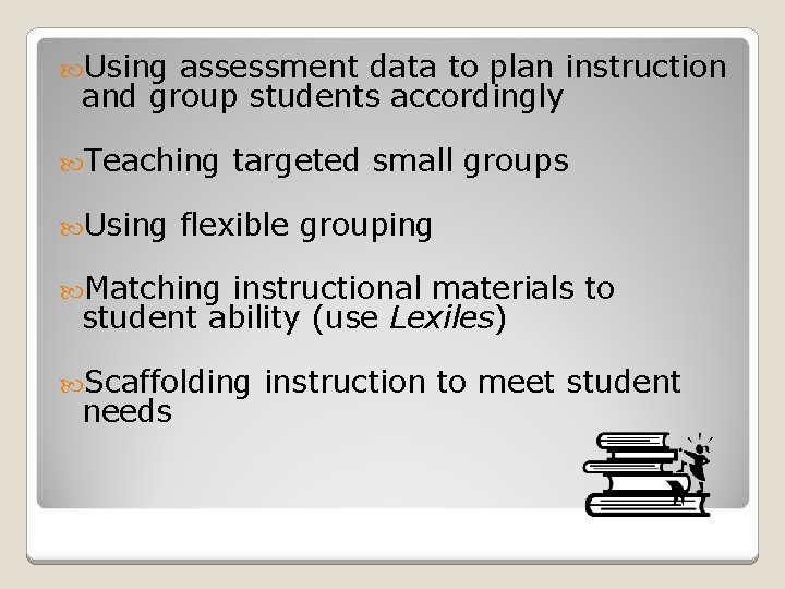  Using assessment data to plan instruction and group students accordingly Teaching Using targeted