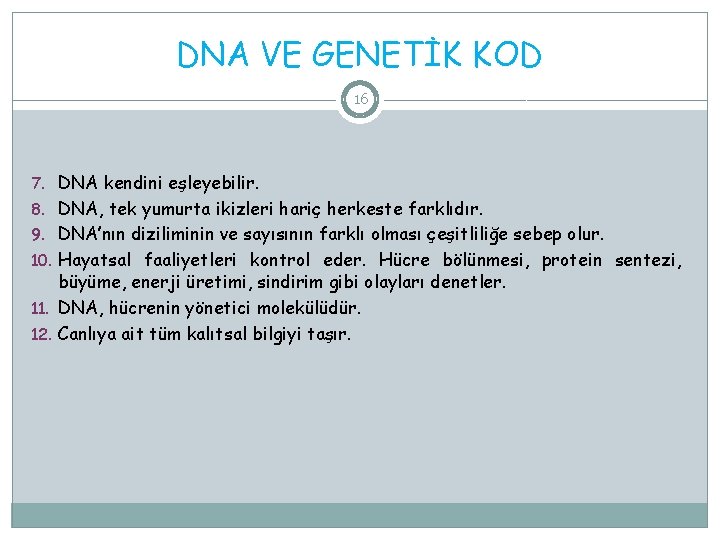 DNA VE GENETİK KOD 16 7. DNA kendini eşleyebilir. 8. DNA, tek yumurta ikizleri