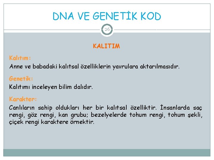 DNA VE GENETİK KOD 26 KALITIM Kalıtım: Anne ve babadaki kalıtsal özelliklerin yavrulara aktarılmasıdır.