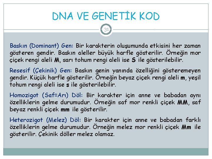 DNA VE GENETİK KOD 31 Baskın (Dominant) Gen: Bir karakterin oluşumunda etkisini her zaman