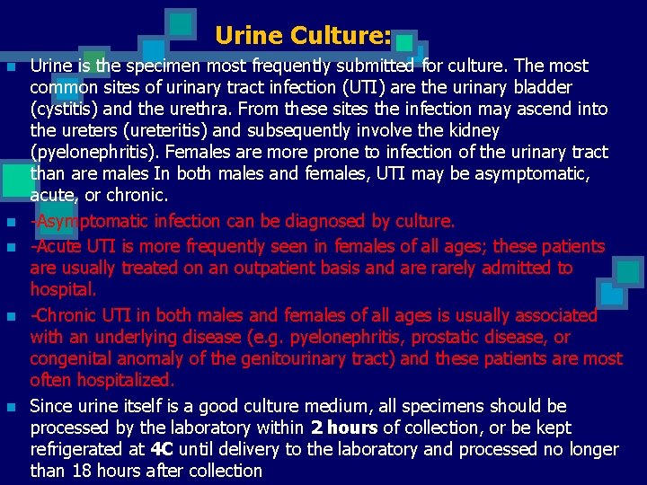 Urine Culture: n n n Urine is the specimen most frequently submitted for culture.