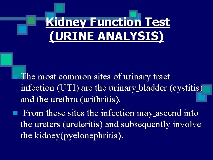 Kidney Function Test (URINE ANALYSIS) The most common sites of urinary tract infection (UTI)