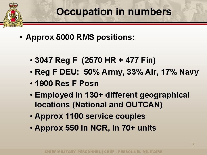 Occupation in numbers § Approx 5000 RMS positions: • 3047 Reg F (2570 HR