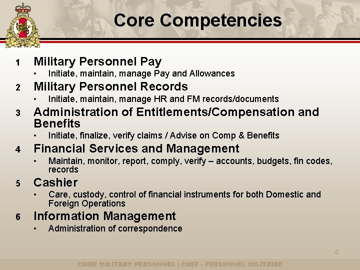Core Competencies 1 Military Personnel Pay • 2 Military Personnel Records • 3 Maintain,
