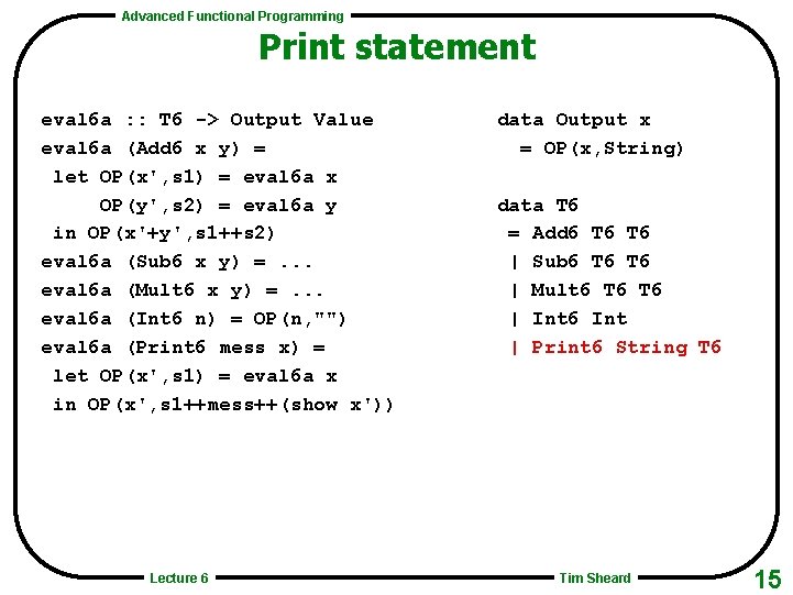 Advanced Functional Programming Print statement eval 6 a : : T 6 -> Output