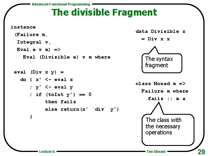 Advanced Functional Programming The divisible Fragment instance (Failure m, Integral v, Eval e v