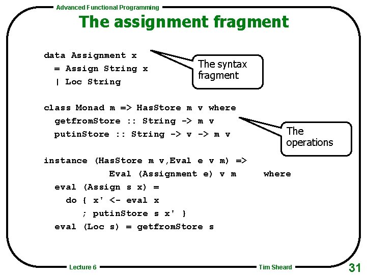 Advanced Functional Programming The assignment fragment data Assignment x = Assign String x |