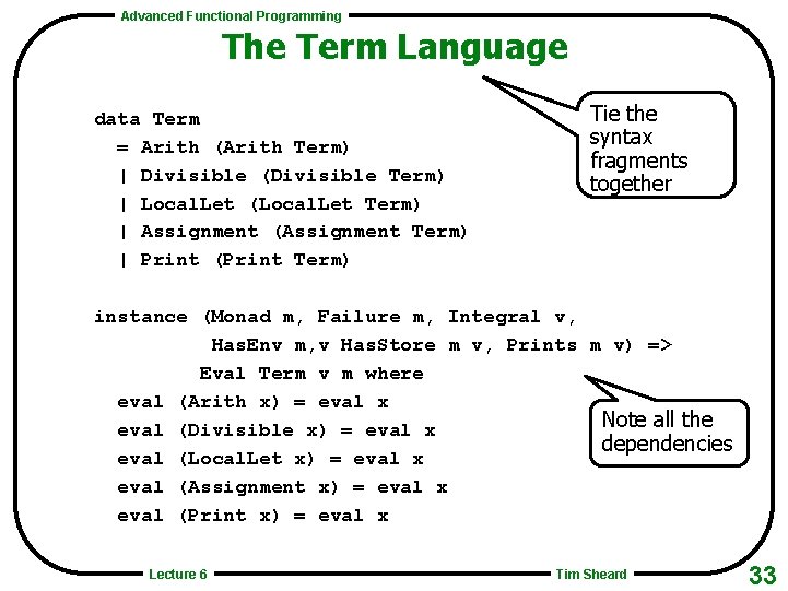 Advanced Functional Programming The Term Language data Term = Arith (Arith Term) | Divisible