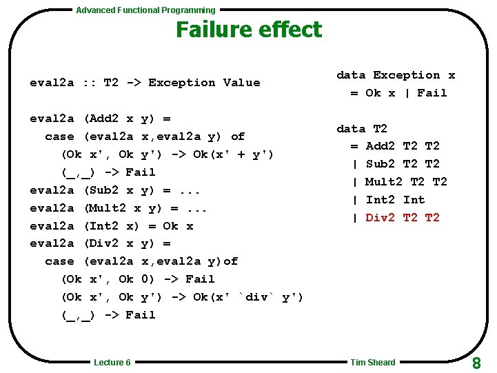 Advanced Functional Programming Failure effect eval 2 a : : T 2 -> Exception