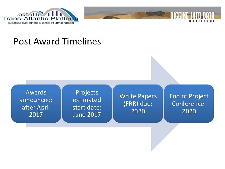 Post Award Timelines Awards announced: after April 2017 Projects estimated start date: June 2017