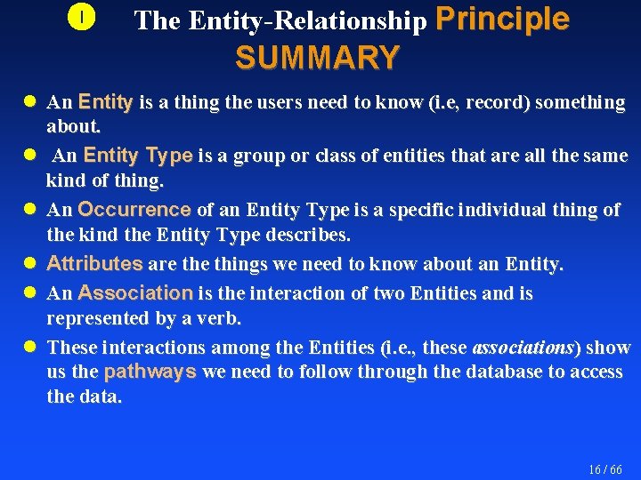  The Entity-Relationship Principle SUMMARY l An Entity is a thing the users need