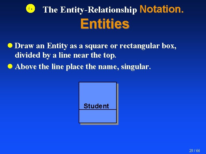  The Entity-Relationship Notation. Entities l Draw an Entity as a square or rectangular