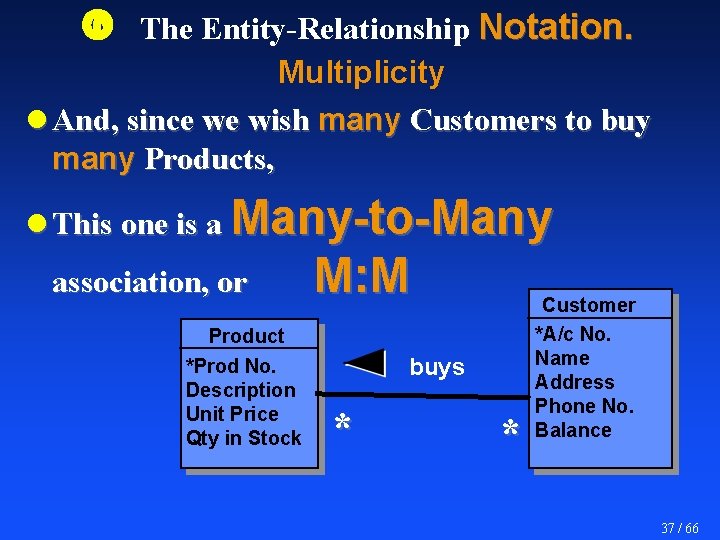  The Entity-Relationship Notation. Multiplicity l And, since we wish many Customers to buy