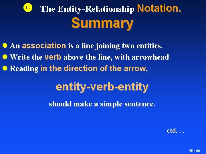  The Entity-Relationship Notation. Summary l An association is a line joining two entities.