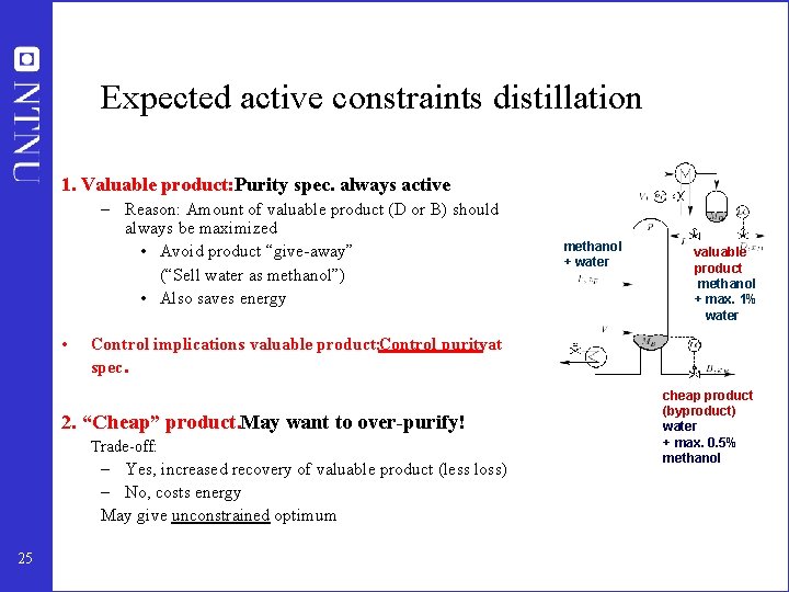 Expected active constraints distillation 1. Valuable product: Purity spec. always active – Reason: Amount