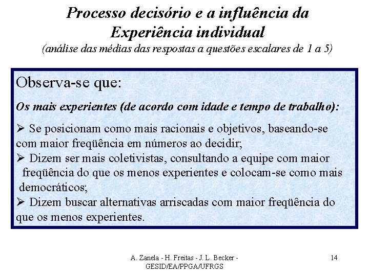 Processo decisório e a influência da Experiência individual (análise das médias das respostas a