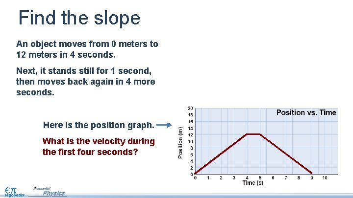 Find the slope An object moves from 0 meters to 12 meters in 4