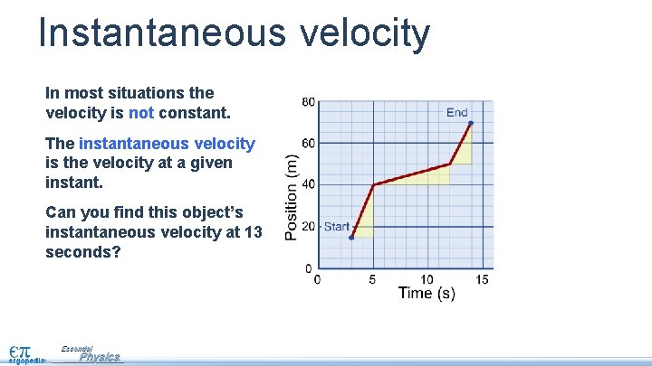 Instantaneous velocity In most situations the velocity is not constant. The instantaneous velocity is