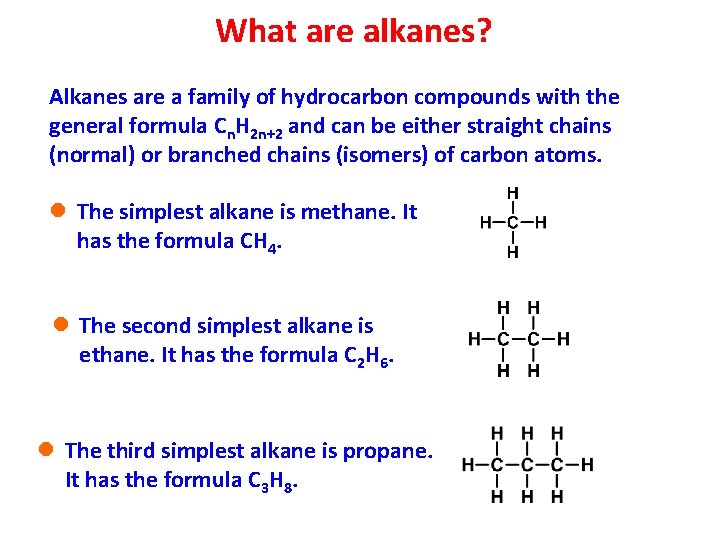 What are alkanes? Alkanes are a family of hydrocarbon compounds with the general formula