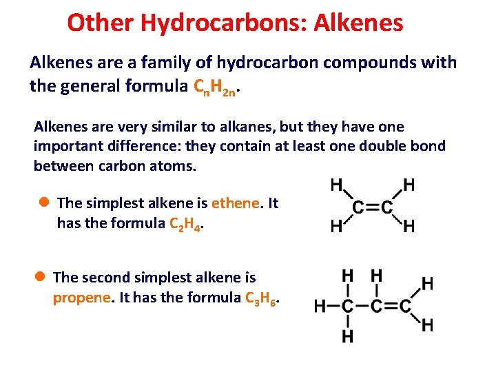 Other Hydrocarbons: Alkenes are a family of hydrocarbon compounds with the general formula Cn.