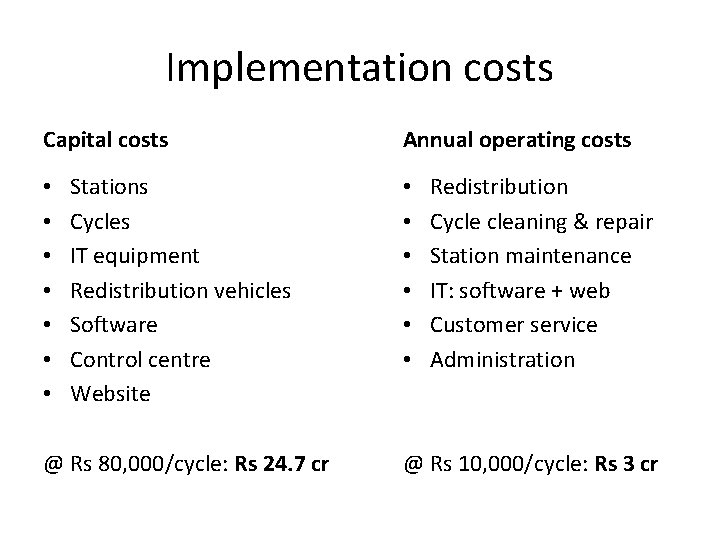 Implementation costs Capital costs • • Stations Cycles IT equipment Redistribution vehicles Software Control