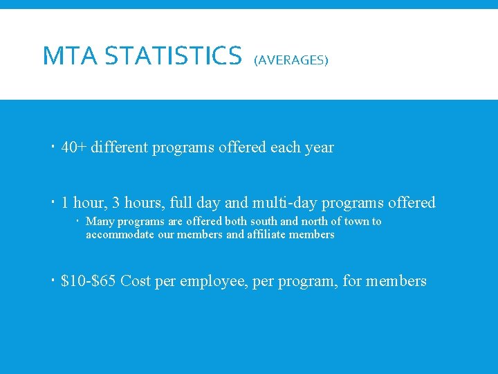 MTA STATISTICS (AVERAGES) 40+ different programs offered each year 1 hour, 3 hours, full