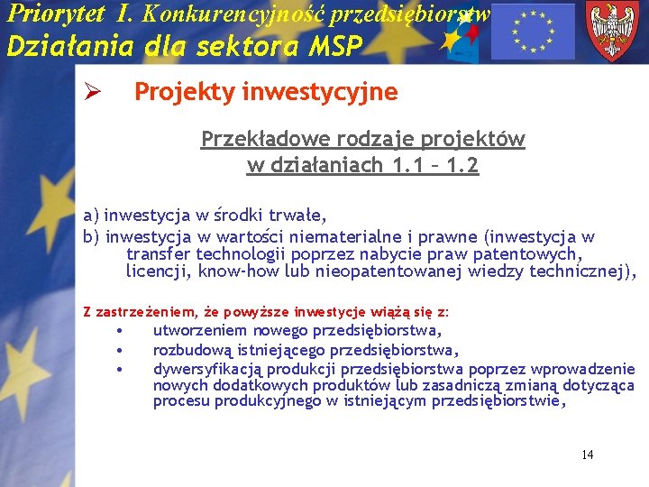 Priorytet I. Konkurencyjność przedsiębiorstw Działania dla sektora MSP Projekty inwestycyjne Ø Przekładowe rodzaje projektów