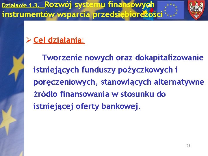 Rozwój systemu finansowych instrumentów wsparcia przedsiębiorczości Działanie 1. 3. Ø Cel działania: Tworzenie nowych