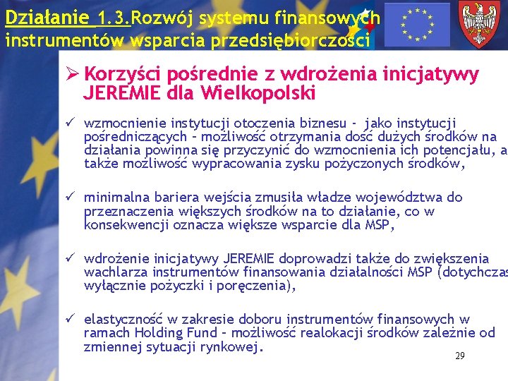 Działanie 1. 3. Rozwój systemu finansowych instrumentów wsparcia przedsiębiorczości Ø Korzyści pośrednie z wdrożenia