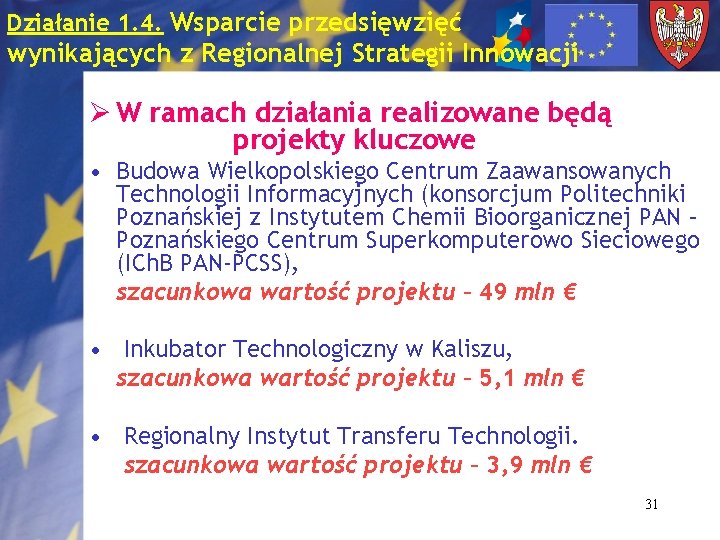 Działanie 1. 4. Wsparcie przedsięwzięć wynikających z Regionalnej Strategii Innowacji Ø W ramach działania