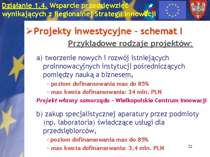 Działanie 1. 4. Wsparcie przedsięwzięć wynikających z Regionalnej Strategii Innowacji Ø Projekty inwestycyjne –