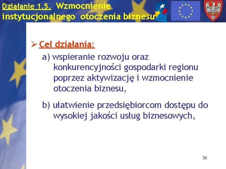 Działanie 1. 5. Wzmocnienie instytucjonalnego otoczenia biznesu Ø Cel działania: a) wspieranie rozwoju oraz